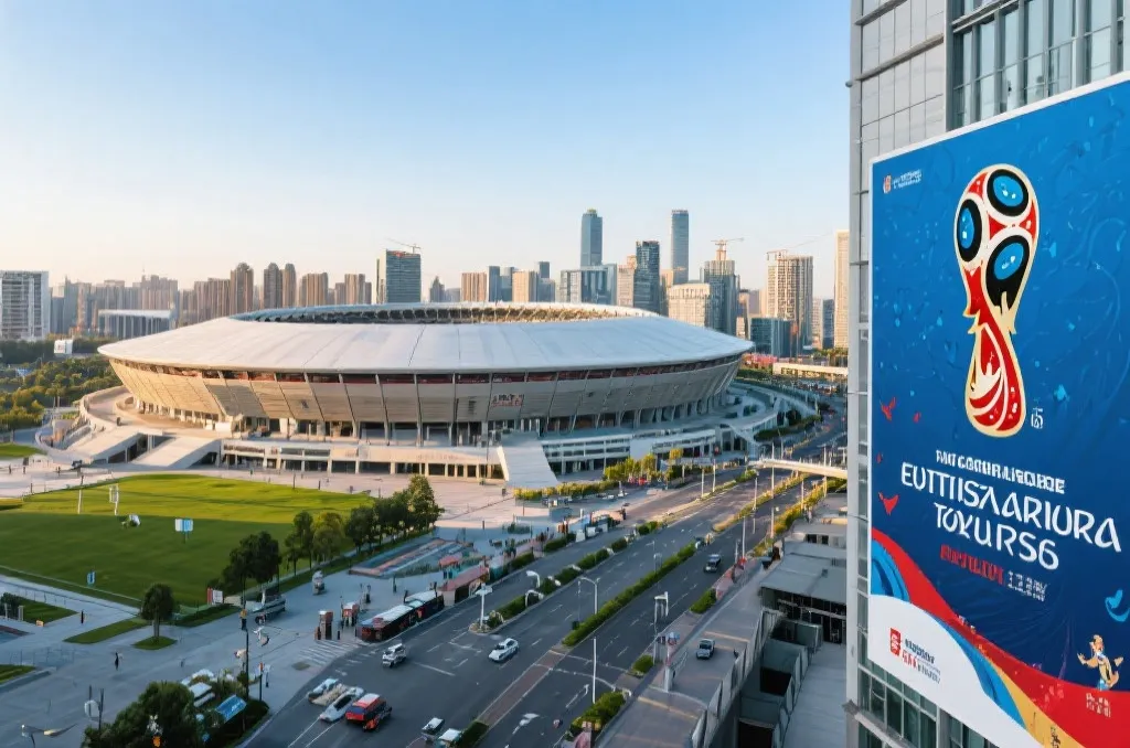 美国世界杯承办城市球场与城市天际线的结合画面